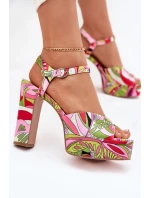 Wzorzyste Sandały Na Słupku I Platformie Różowo-Zielone Slaria