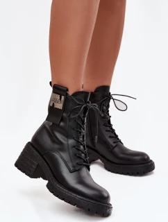 Skórzane Botki Workery Damskie Na Klocku Z Ozdobnym Detalem Artiker 57C0214 Czarne