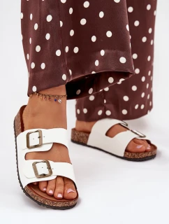 Damskie Klapki Na Korkowej Platformie Z Klamrami Białe Vesina