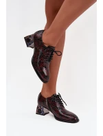 Skórzane Lakierowane Półbuty Damskie Na Obcasie Z Kryształkami Artiker 57C0073 Bordowe