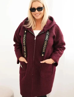 Dámsky kabát nadrozmernej veľkosti z umelej jahňacej kože s kapucňou a vreckami slivka