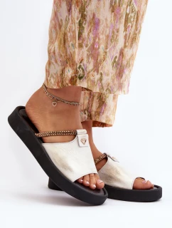 Zazoo 2896 Klapki Damskie Skórzane Biało-Złote