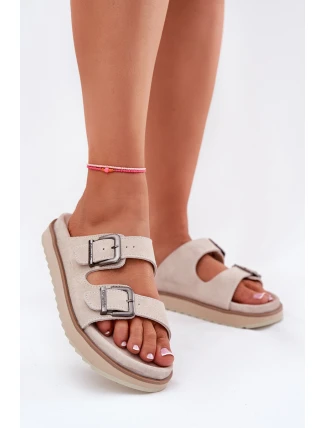 Zamszowe Klapki Damskie Z Klamrami D.Franklin DFSH405001 Beżowe