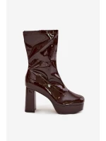 Lakierowane Botki Damskie Na Platformie I Słupkowym Obcasie Czekoladowe Calvessa