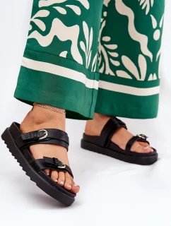 Klapki Damskie Na Platformie Ze Złotymi Klamrami Czarne Wernone