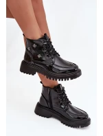 Skórzane Ocieplane Botki Damskie Z Ozdobami Lakierowane Artiker 57C0345 Czarne