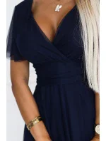 562-1 NASTIA Dlhé šaty s výstrihom a krátkymi rukávmi - ZELENÉ