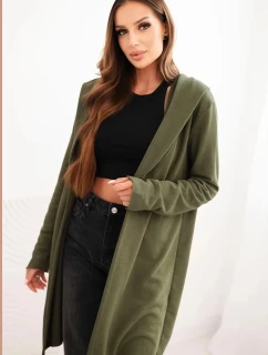 Dámska bavlnená mikina s kapucňou a predĺženou prednou časťou v khaki farbe