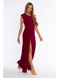 M928 - Maxi dress with ruching and high slit - maroon