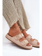 Klapki Damskie Z Klamrami I Ozdobnym Obszyciem Beżowe Visley