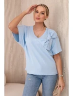 Bavlnená blúzka s ozdobnou mašľou modrá