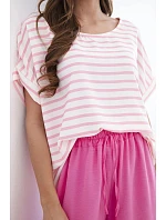 Dámska súprava z viskózy s pruhovanou blúzkou a širokými nohavicami s gumičkou ružovej farby