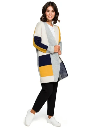 Dámsky dlhý sveter BK011 model 2 béžovo-žlto-sivý - BEwear