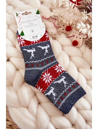 Damskie Świąteczne Skarpetki Błyszczące Renifery Granatowe