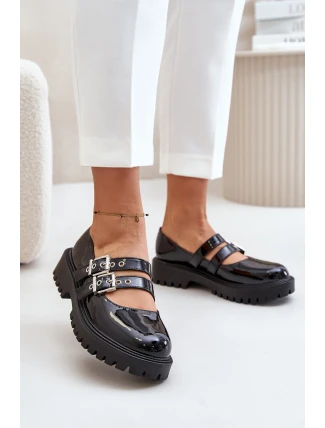 Półbuty Damskie Z Paskami Lakierowane Czarne Terione