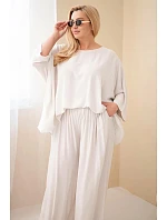 Dámsky plus size viskózový set so širokými nohavicami a blúzkou béžovej farby