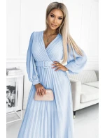 414-10 KLARA plisované šaty s opaskom a výstrihom - MODRÉ 414-10 KLARA plisované šaty s opaskom a výstrihom - MODRÉ