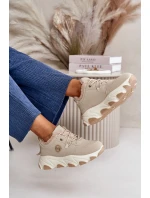 Ocieplane Buty Sportowe Damskie Sznurowane Na Platformie Beżowe Bialoa