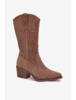 Ażurowe Kozaki Kowbojki Damskie Na Obcasie Ciemnobeżowe Olivette
