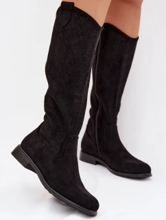 Dámské kozačky s otevřeným vzorem na nízkém podpatku S.Barski HY61-8022 Černé