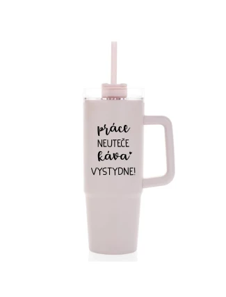 PRÁCE NEUTEČE, KÁVA VYSTYDNE! - růžový cestovní termohrnek s průhledným víčkem 900 ml  