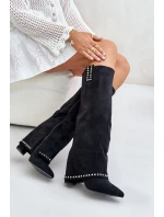 Kozaki Damskie Z Wywiniętą Cholewką Na Słupku Czarne Kaithena