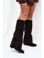 Wsuwane Kozaki Kowbojki Damskie Na Słupku Z Frędzlami Czarne Zalia