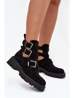 Botki Damskie Z Paskami I Srebrnymi Klamrami Czarne Helisse