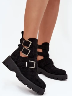 Botki Damskie Z Paskami I Srebrnymi Klamrami Czarne Helisse