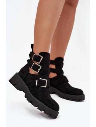 Botki Damskie Z Paskami I Srebrnymi Klamrami Czarne Helisse