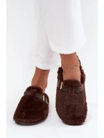 Futrzane Klapki Damskie Na Platformie Z Paskiem I Klamrą Brązowe Noraline
