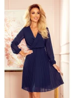ISABELLE - Tmavomodré dámske plisované šaty s dekoltom a dlhými rukávmi 313-6