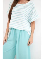 Dámska súprava z viskózy s pruhovanou blúzkou a širokými nohavicami s elastickou mätou