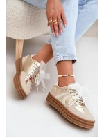Sneakersy Damskie Na Platformie Z Ozdobami Beżowo-Złote Vinness