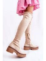 Zamszowe Damskie Kozaki Za Kolano Jasnobeżowe Cheera