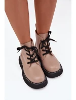 Ocieplane Botki Damskie Na Platformie Sznurowane Ciemnobeżowe Harmine