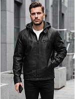 Pánska kožená zateplená bunda s kapucňou, čierna, FashionStreet TX5145 Pánska kožená zateplená bunda s kapucňou, čierna, FashionStreet TX5145