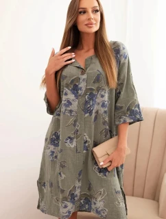 Dámske bavlnené šaty s kvetinovým vzorom a 3/4 rukávmi khaki farby