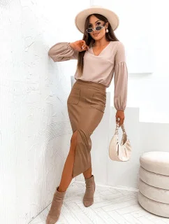 Dámska ceruzková sukňa ťavej farby z ekokože (82104)