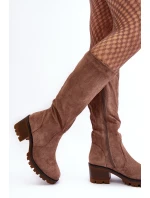 Kozaki Damskie Przed Kolano Na Niskim Obcasie Brązowe Beveta