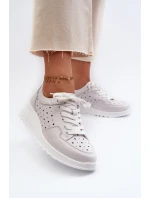 Ażurowe Damskie Sneakersy Na Koturnie Skóra Naturalna Jasnoszare S.Barski LR482