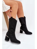 Ażurowe Kozaki Kowbojki Do Połowy Łydki S.Barski HY51-238 Czarne