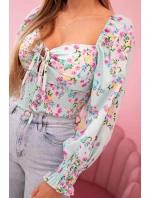 Dámska španielska blúzka s kvetinovým vzorom, dlhý rukáv, mentolová