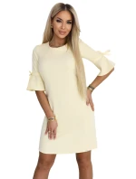 217-12 NEVA Dámske trapézové šaty so zaväzovaním na rukávoch - pastelovo žlté