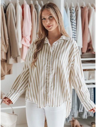 Dámske nadrozmerné tričko s predĺženým zadným dielom SAMONE v béžovej farbe s bielymi pruhmi FashionStreet DY0463 Dámske nadrozmerné tričko s predĺženým zadným dielom SAMONE v béžovej farbe s bielymi pruhmi FashionStreet DY0463