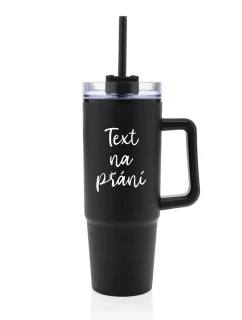 TEXT NA PŘÁNÍ - černý cestovní termohrnek s průhledným víčkem 900 ml