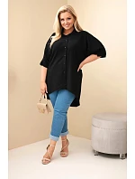 Dámske bavlnené tričko plus size s gombíkmi a golierom čierne Dámske bavlnené tričko plus size s gombíkmi a golierom čierne