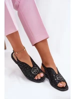 Skórzane Sandały Na Płaskim Obcasie Z Ozdobą S.Barski KV51-094 Czarne