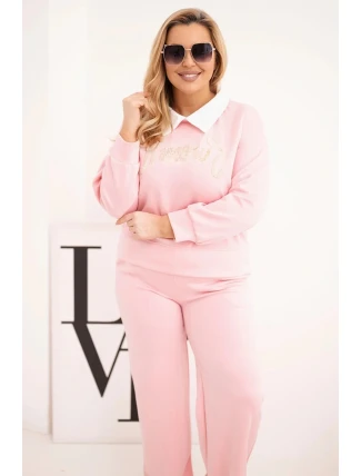 Dámske plus veľkosť maslo set so širokými nohami a golierom svetlo ružová Dámske plus veľkosť maslo set so širokými nohami a golierom svetlo ružová