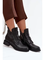 Ocieplane Skórzane Botki Damskie Z Ozdobnym Detalem Czarne Briselda